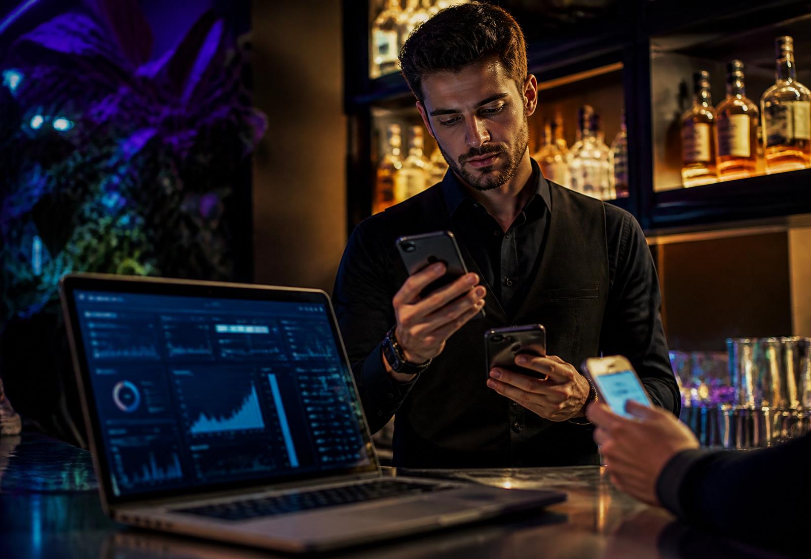 Bartender validando un pase digital con un cliente