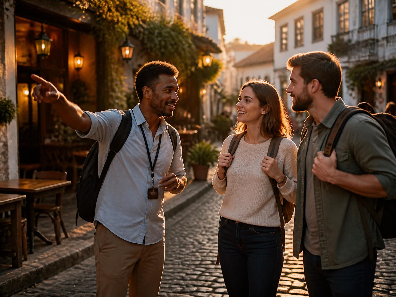 Guía turístico recomendando un local a una pareja