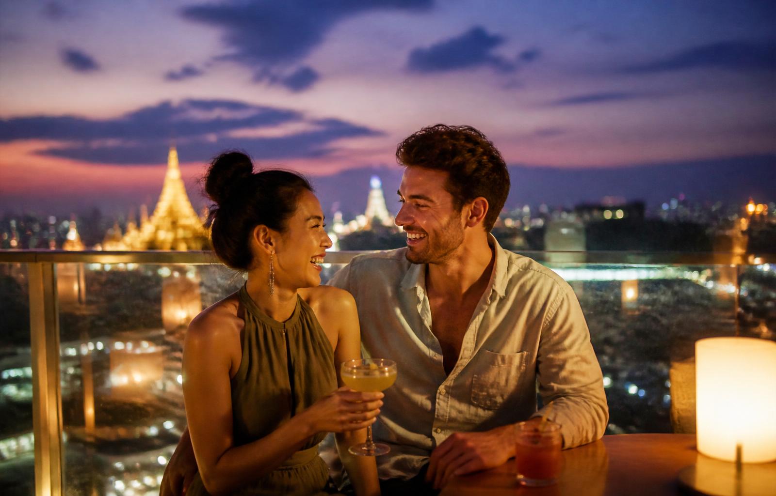 Turistas disfrutando en un rooftop con la ciudad de fondo