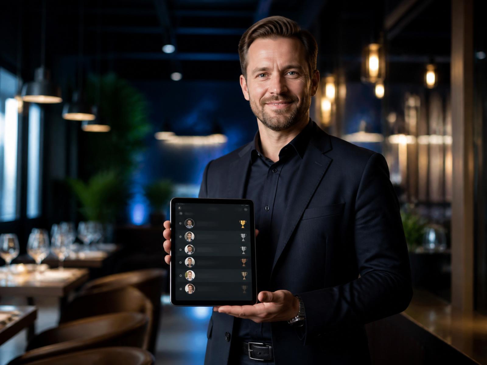 Gerente mostrando el ranking de aliados en su tablet